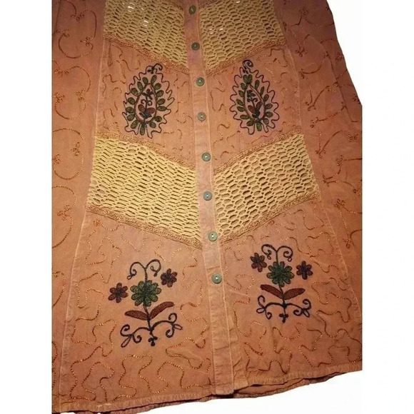 Vintage Boho Terracotta Maxi Dress with Crochet Accents and Floral Embroidered L - Picture 10 of 13